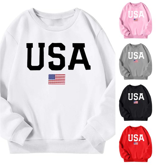 Oiyii Girls' Letter Graphic Crewneck Sweatshirt Flag Print Long Sleeve Casual Oversize Top Sports Sweatshirts,White