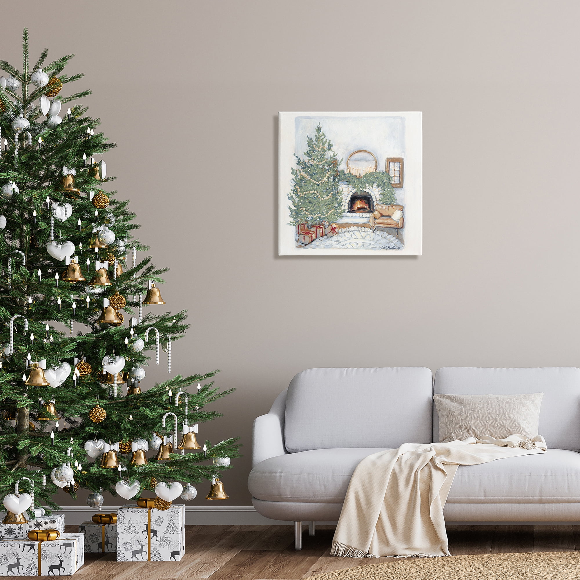 Cozy Christmas Night Gifts Decorated Fireplace Hearth Botanical & Floral Painting Gallery-Wrapped Canvas Print Wall Art