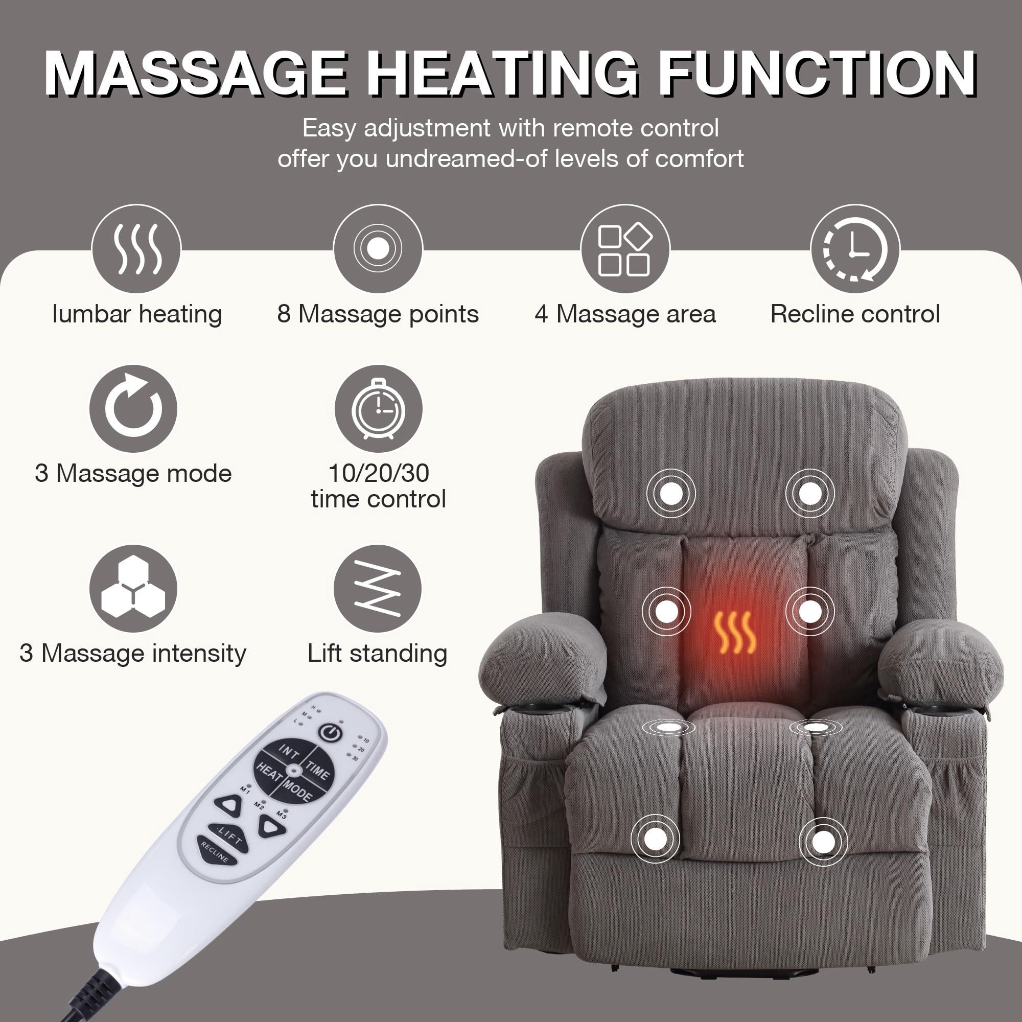 Power Lift Recliner Chairs with Massage and Heat, UHOMEPRO Electric Fabric Recliner Chair for Elderly, Living Room Furniture with USB Charge Port, 2 Cup Holders, and Side Pocket, Gray