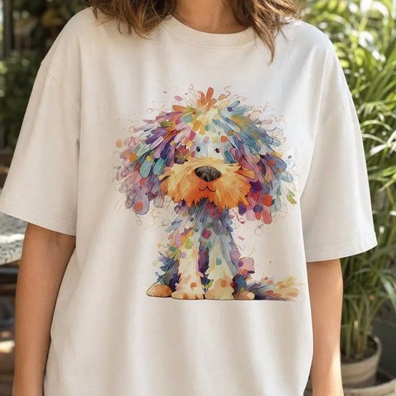 Women's Colorful Fluffy Dog Graphic Crew Neck Short Sleeve Casual T-Shirt for Dog Lovers