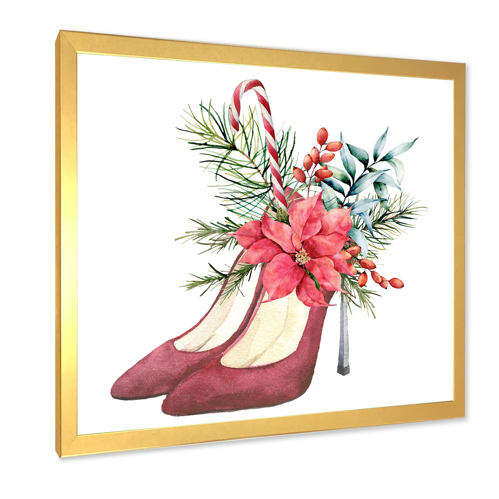 Designart 'Red Suede Heeled Shoes With Christmas Red Floral Decor' Traditional Framed Art Print