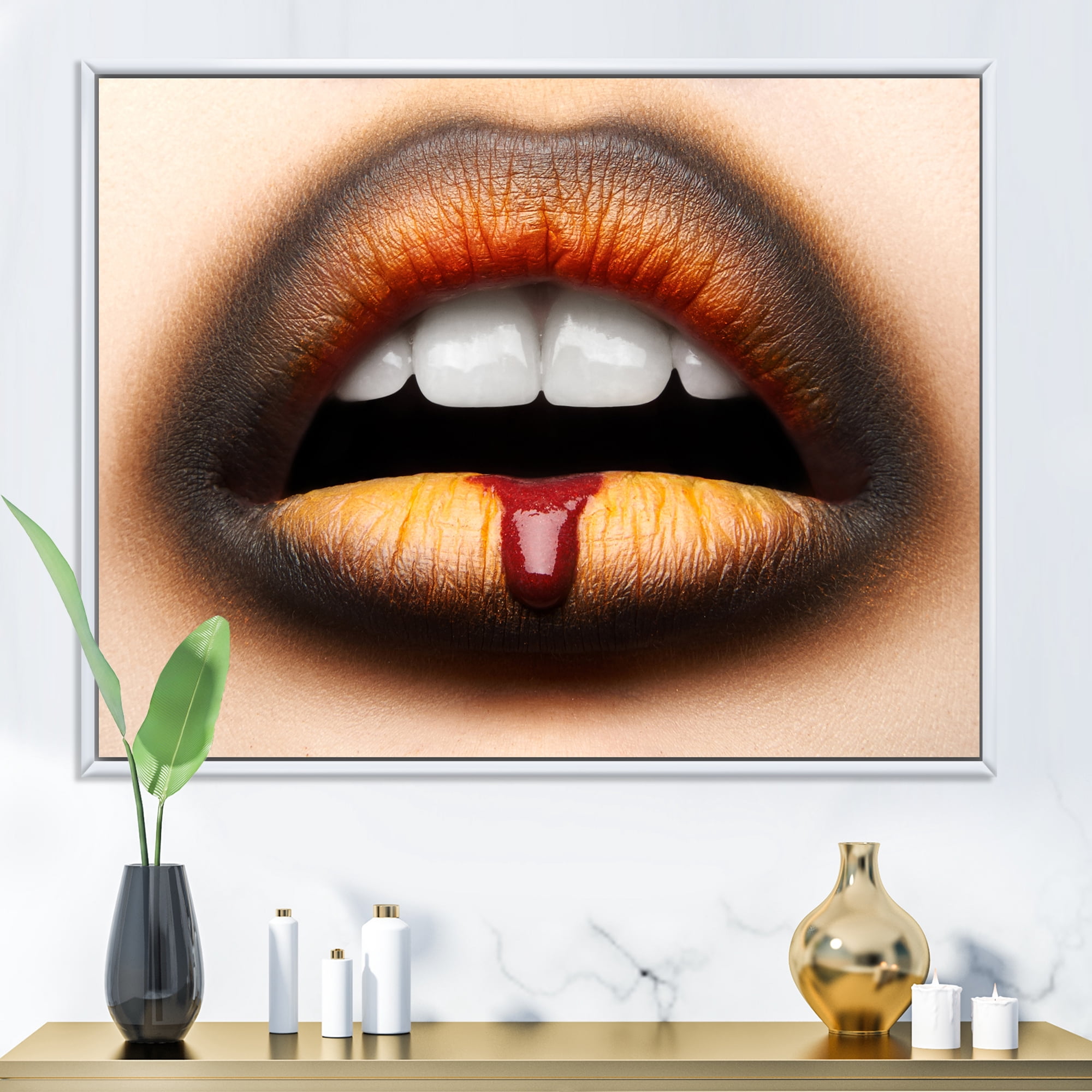 Woman Lips With Black & Orange Lipstick 32 in x 16 in Framed Photography Canvas Art Print, by Designart