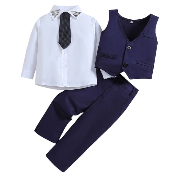 Faraee Baby Boy Clothes Suit Toddler Gentleman Wedding Outfits Tie Button Down Shirt Vest Long Pants Guest Suits Kids Formal Dress Clothing Set 1t 2t 3t 4t 5t 6t 7t Blue