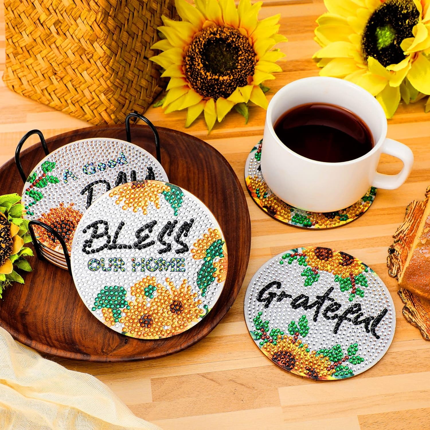 Goyunwell 8Pcs Sunflowers Diamond Art Painting Coasters Kits with Holder Diamond Art Non Slip Coaster Kits DIY with Holder Crafts for Adults Diamond Art Painting Kits Supplies for Christmas Gift