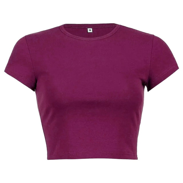 Purple Shirts for Women Round Neck Summer Solid Color Short T Shirt Ladies Tops and Blouses