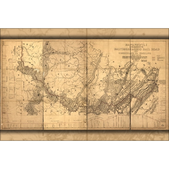24"x36" Gallery Poster, Map Baltimore & Ohio Railroad to Wheeling 1850