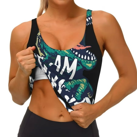Qokaie Hungry Tyrannosaurus Pattern Womens Scoop Neck Sports Bra Breathable Workout Vest Padded U Back Medium Impact Fitness Gym Yoga Bra Workout Crop Top