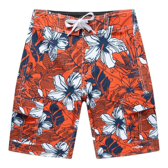 Men's Beach Wear Board Shorts with Pocket in Orange with Blue Hibiscus 36
