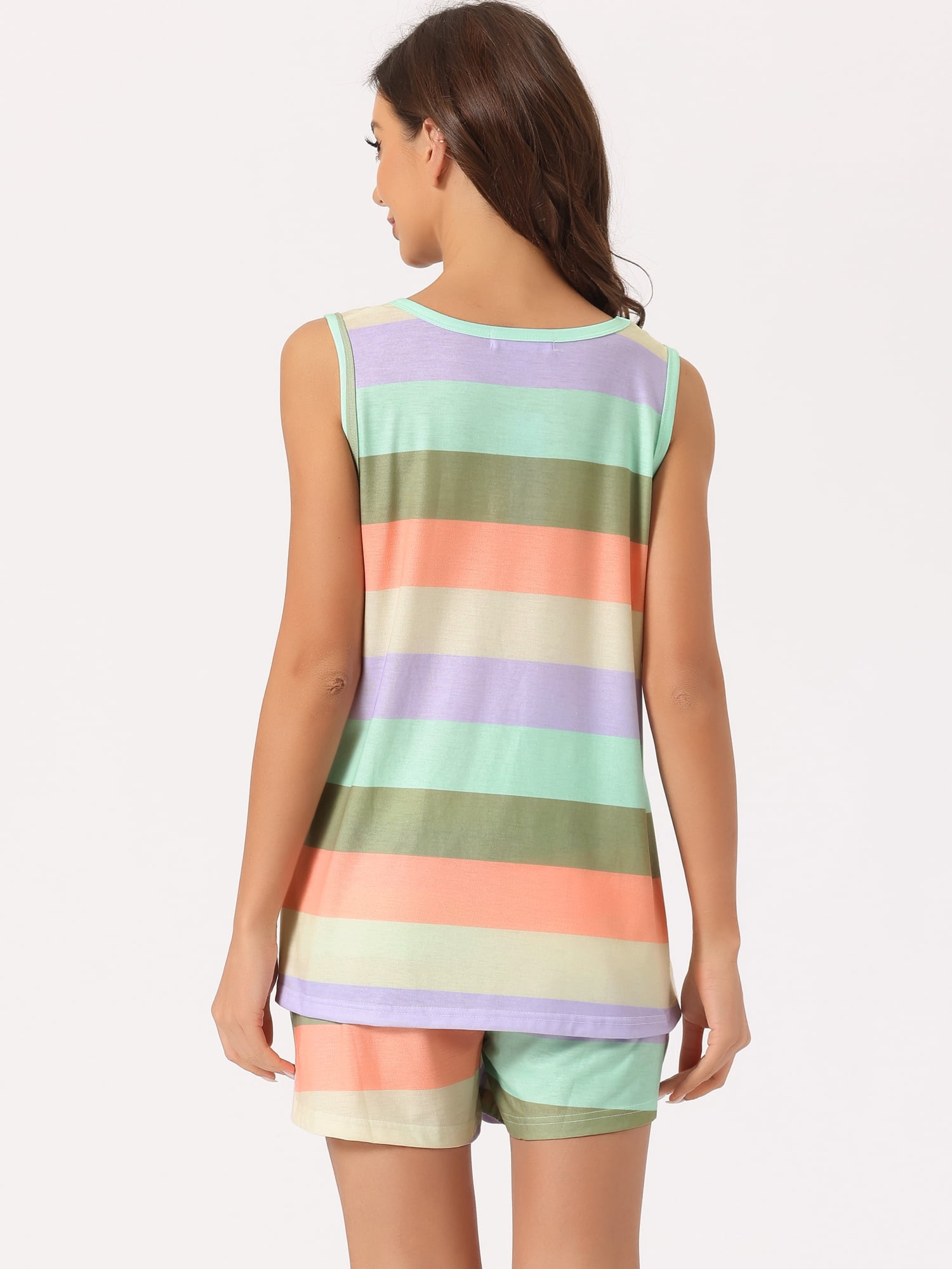 DARING DIVA Women's 2-Piece Rainbow Tank Tops with Shorts Stripe Pajama Set M Brown