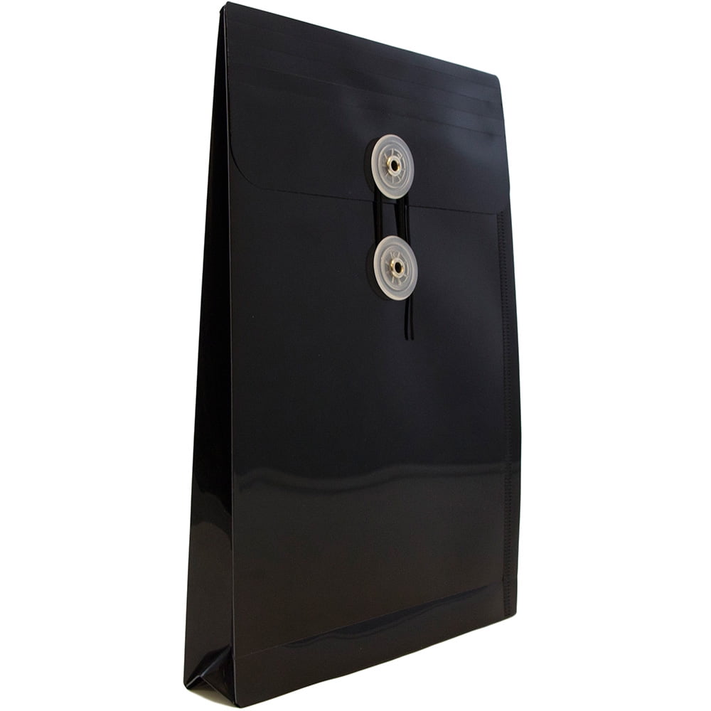 JAM Paper Plastic Envelopes with Button & String Tie Closure, 6 1/4 x 9 1/4, Black, 3/Pack