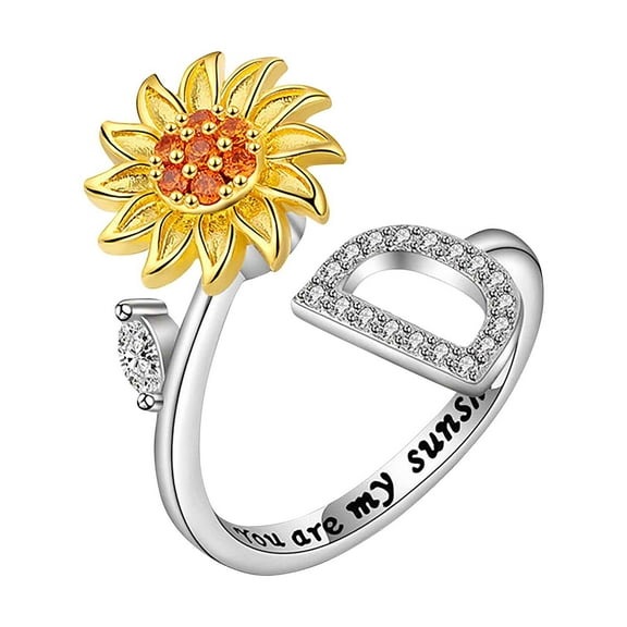 Fidget Rings for Anxiety for Women Sunflower Initial Letter Spinner Ring Open Adjustable Ring CZ Rings Daisy Stress Relieving Ring Jewelry Gift for Women Valentine's Day
