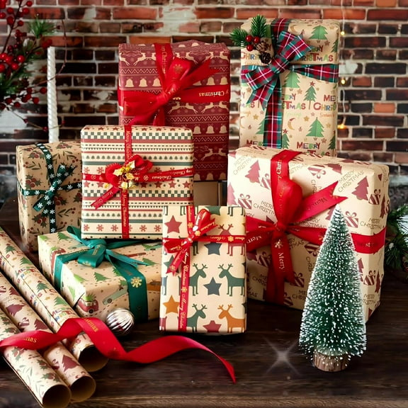 Vintage Christmas Gift Wrapping Paper Set, 6 Sheets Kraft Paper 19.7×27.6 Inches with Stickers, Double-Sided Tape & Twine, Retro Holiday Gift Wrap for Xmas, Wedding, Birthday, Party Decoration