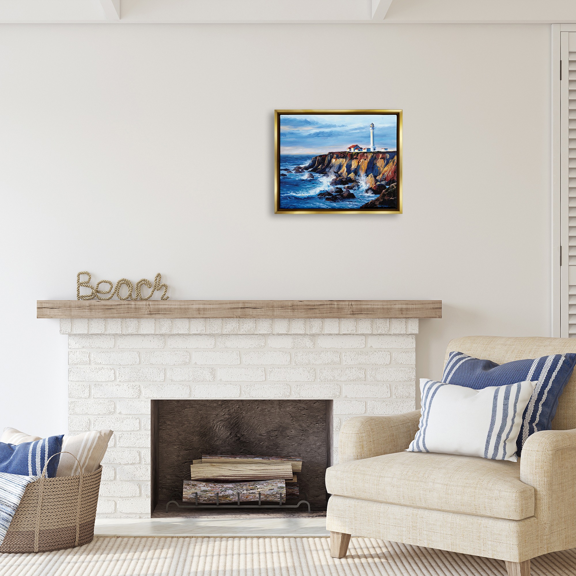 Stupell Industries Lighthouse on Sea Cliff Nature Painting Gold Floater Framed Canvas Art Print Wall Art, 21 x 17