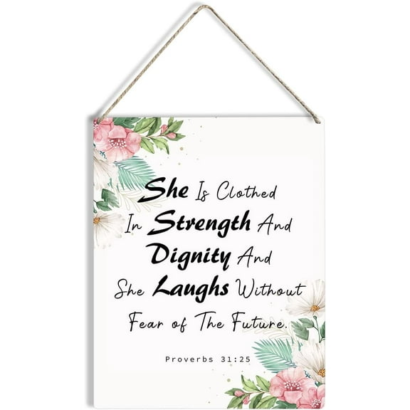 She is Clothed in Strength Bible Verse Wood Sign 8x10 Modern Christian Wooden Hanging Plaque for Home Wall Art Decoration Present