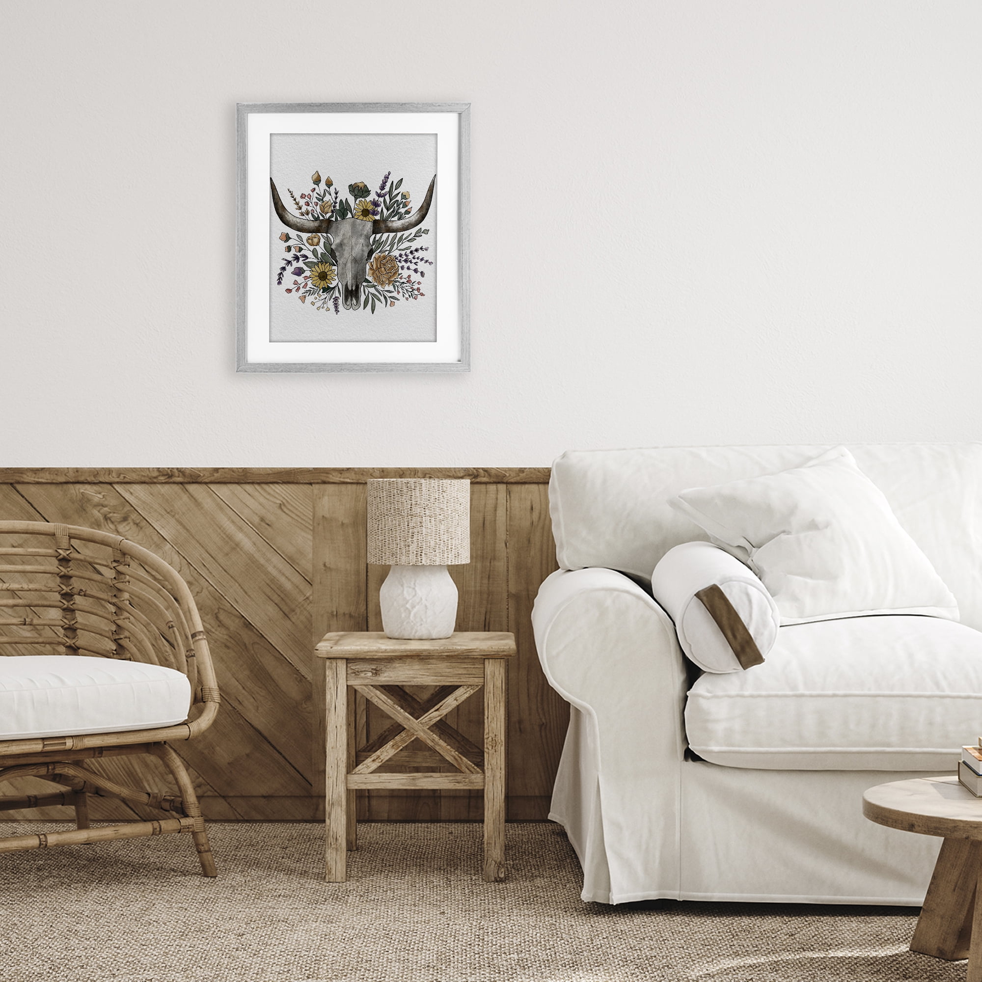 Stupell Industries Boho Wildflower Longhorn Gray Framed Print Under Glass, design by Alisha Kiara Design