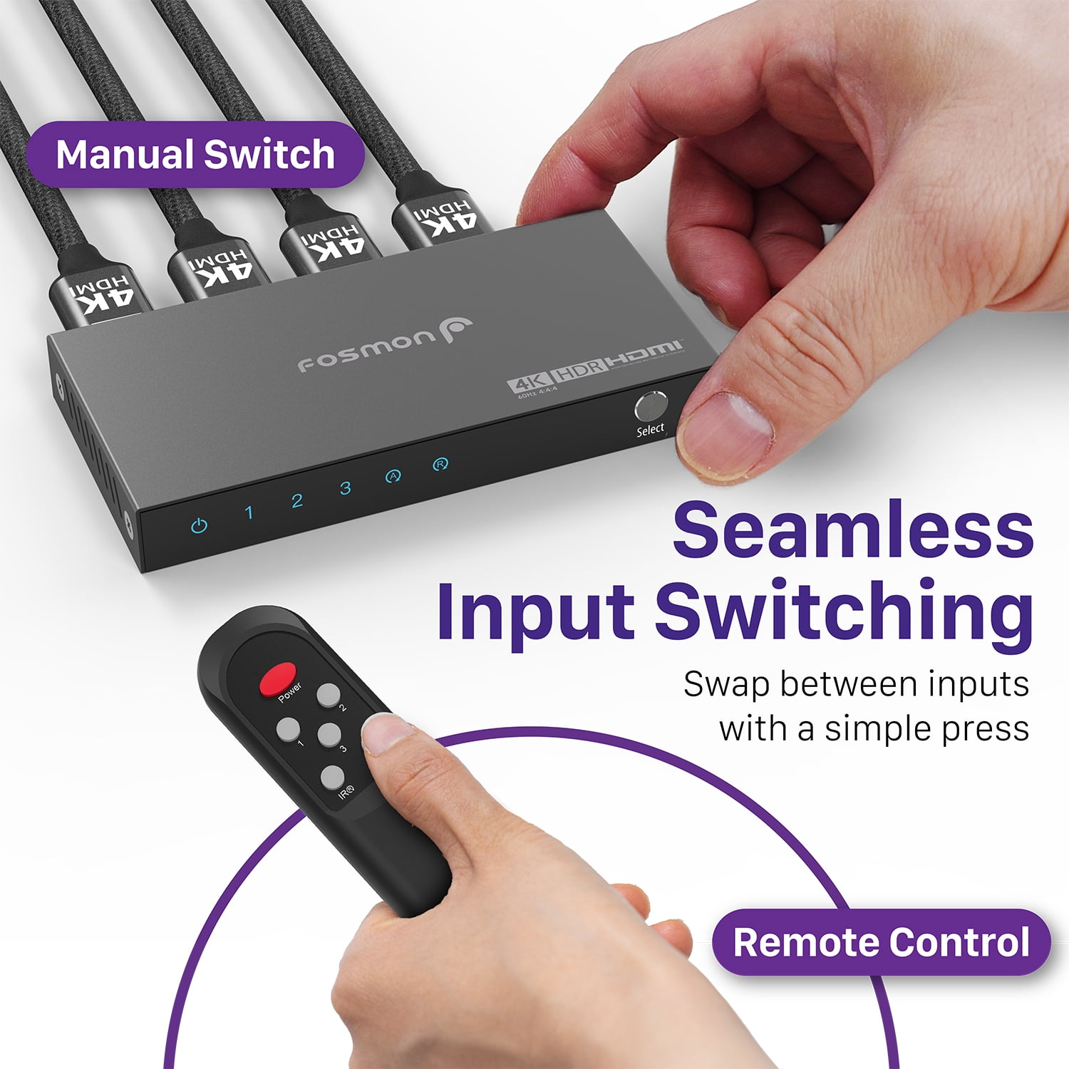 Fosmon 3-Port 4K HDMI Switch with Remote Control, 3 In 1 Out HDMI 2.0 Switcher Box (4K@60Hz, UHD, HDR, HDCP 2.2) for PS5 Xbox Nintendo Switch