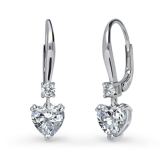 BERRICLE Sterling Silver Solitaire 2.2 Carat Heart Shaped Cubic Zirconia CZ Anniversary Leverback Dangle Drop Earrings for Women, Rhodium Plated