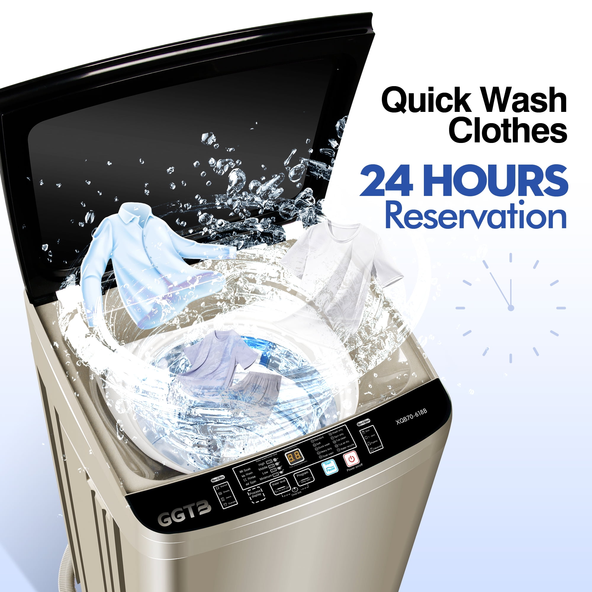 GGTB Portable Washing Machine for Apartments, 20 lbs Full Automatic Clothes Washer Machine,1.9 Cu.ft Top Load Washer with 10 Wash Programs/8 Water Levels, Coffee Gold
