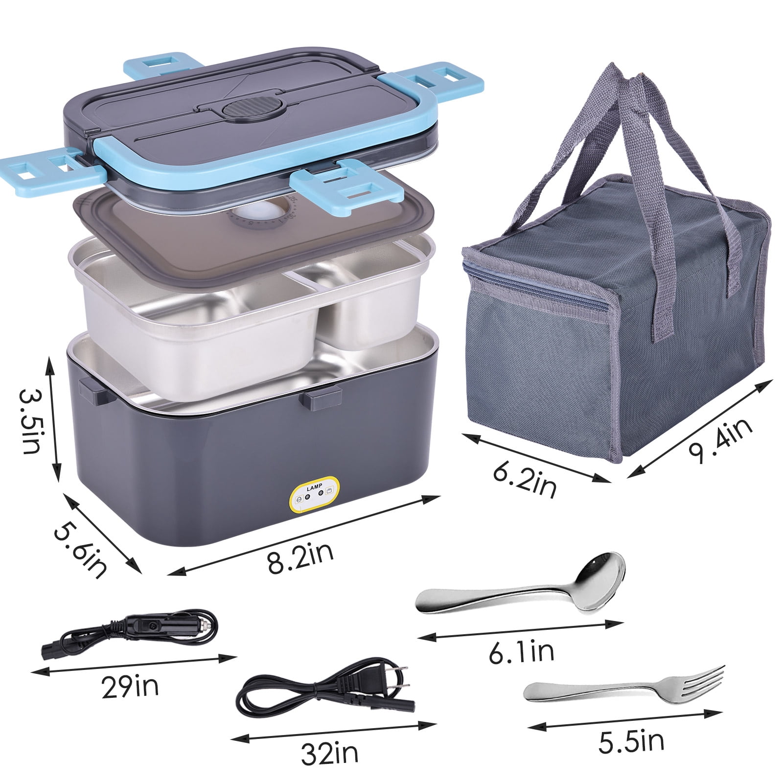 Electric Lunch Box Food Heater for Work, 100W Heated Lunch Box for Adults, Portable Food Warmer with 2 Packs Stainless Steel Containers for Car, Office, School with Carry Bag 12V-24V 110V