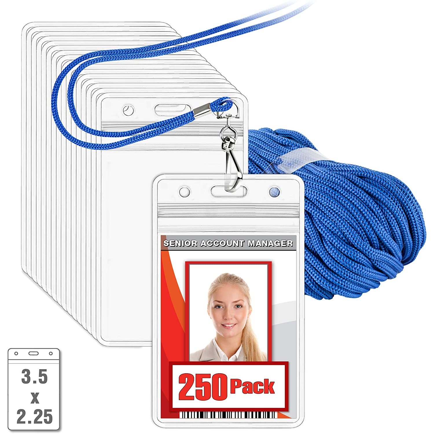 MIFFLIN Lanyard with Vertical ID Name Holder Blue Cord, Clear 3.5x2.25 Inch Card Holder, 6 Pack