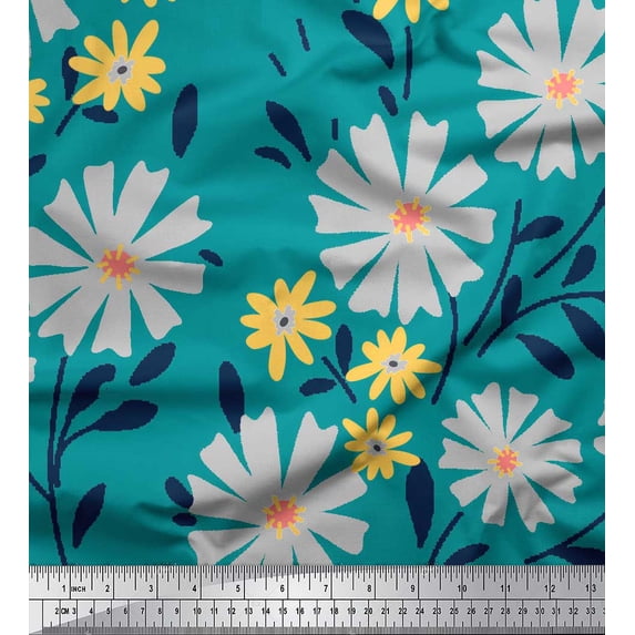 Soimoi Green Silk Fabric Leaves & Night Jasmine Floral Print Fabric by Yard 42 Inch Wide