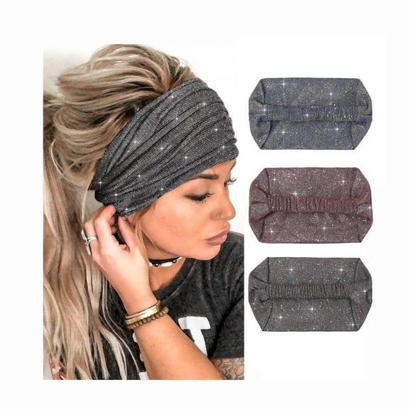 Crystal Boho Headbands Wide Knotted Headband Turban Head Wrap Hair Band Twinkle Head Bands for Women and Girls (Deep Blue Silver)