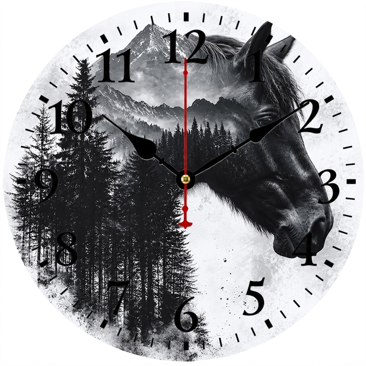 Black and White Horse Wall Clock 9.84 Inch Rustic Western Mountain Forest Decorative Analog Clock Battery Operated Round Clock with Large Numbers for Living Room Bedroom Office