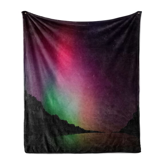 Aurora Borealis Soft Flannel Fleece Blanket, Northern Natural Occurrence Colorful Weather in Mountain Region Antarctic, Cozy Plush for Indoor and Outdoor Use, 70" x 90", Multicolor, by Ambesonne