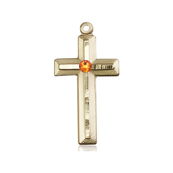 14kt Yellow Gold Cross Medal with 3mm November Yellow Swarovski Crystal 1 1/8 x 1/2 inches