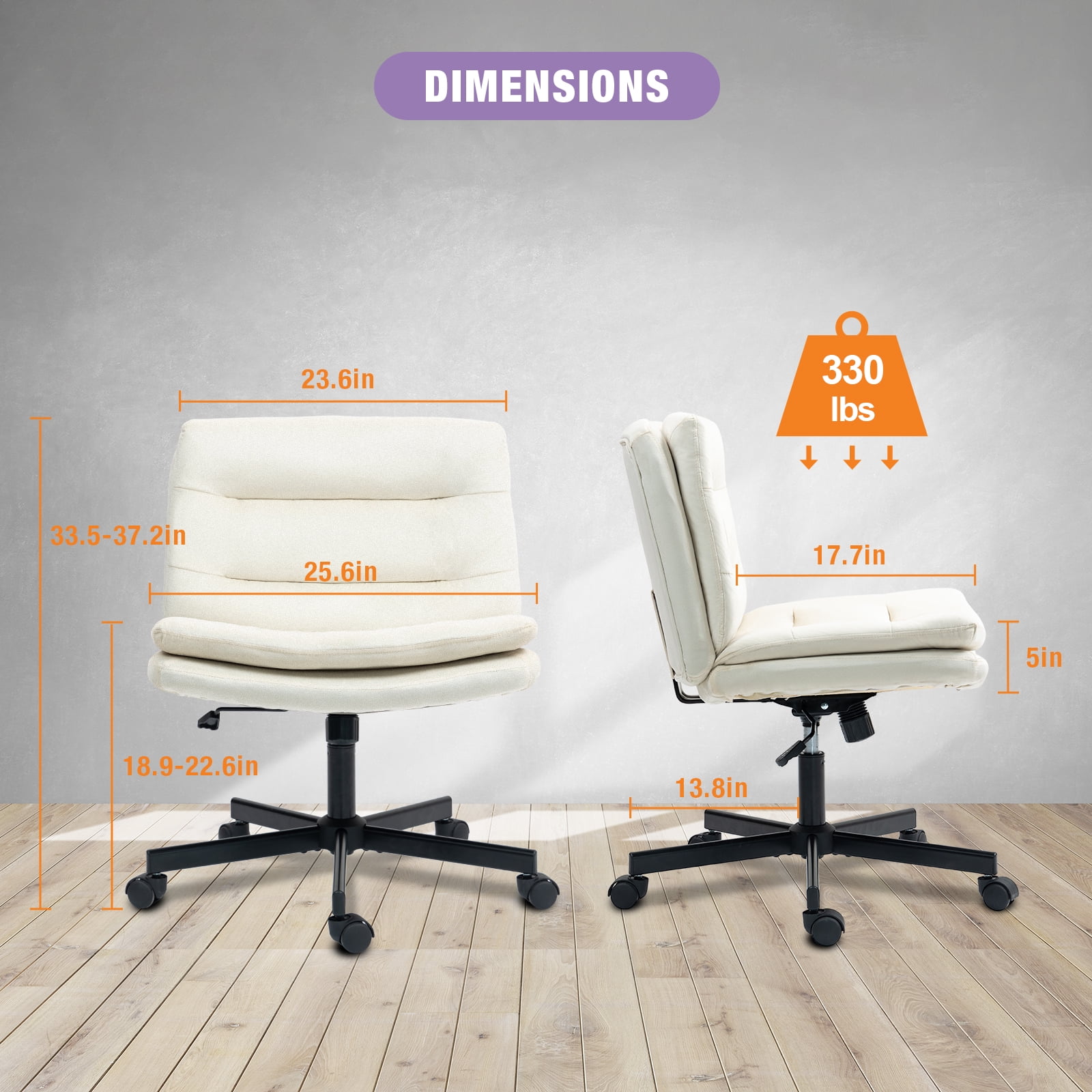 Criss Cross Legged Chair Ergonomic Home Office Desks Chair with Casters, Armless Wide Comfy Vanity Desk Seat Swivel Rolling Computer Chair, Adjustable Height, Rocking Function, Beige
