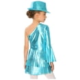 thumbnail image 2 of inlzdz Girls 3Pcs Groovy Jazz Dance Disco Outfit Metallic One Flared Sleeve Leotard with Tassel Skirt Sequin Hat Set Blue 16, 2 of 7