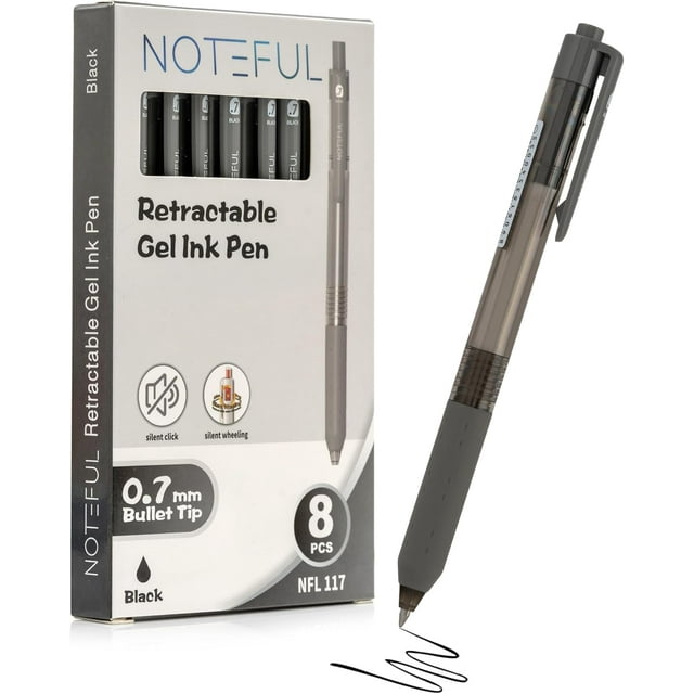 TEMOGU-Retractable Silent Click Gel Pens For Journaling, Smooth Writing, Black Gel Ink Medium Point Pen (0.7 mm), Pack of 8