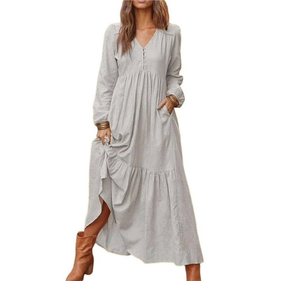 Women'S Boho Cotton Maxi Dress V-Neck Long Sleeve Flowy Beach Dress with Pockets and Buttons Light Grey XL