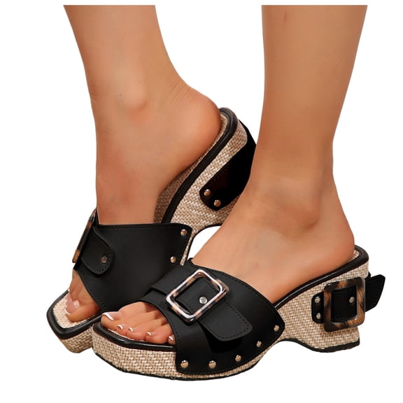 Wedge Sandals for Women Retro Buckle Studded Slip on Slides Shoes Square Open Toe Platform Summer Beach Shoes Black Size 8