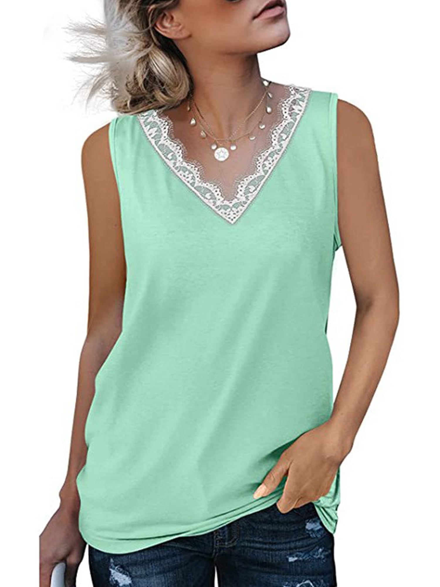 Women's Sleeveless Lace Vest Tank Tops Summer Fashion T-Shirt V Neck Blouse Cami 