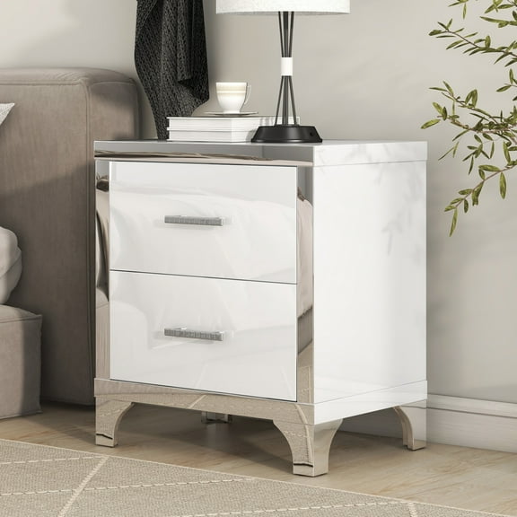CoSoTower Elegant High Gloss Nightstand with Metal Handle,Mirrored Bedside Table with 2 Drawers for Bedroom,Living Room,White