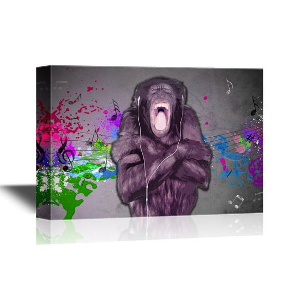 wall26 - Canvas Wall Art - Chimpanzee Listinging to Music Funny Animal Concept - Gallery Wrap Modern Home Art | Ready to Hang - 16x24 inches