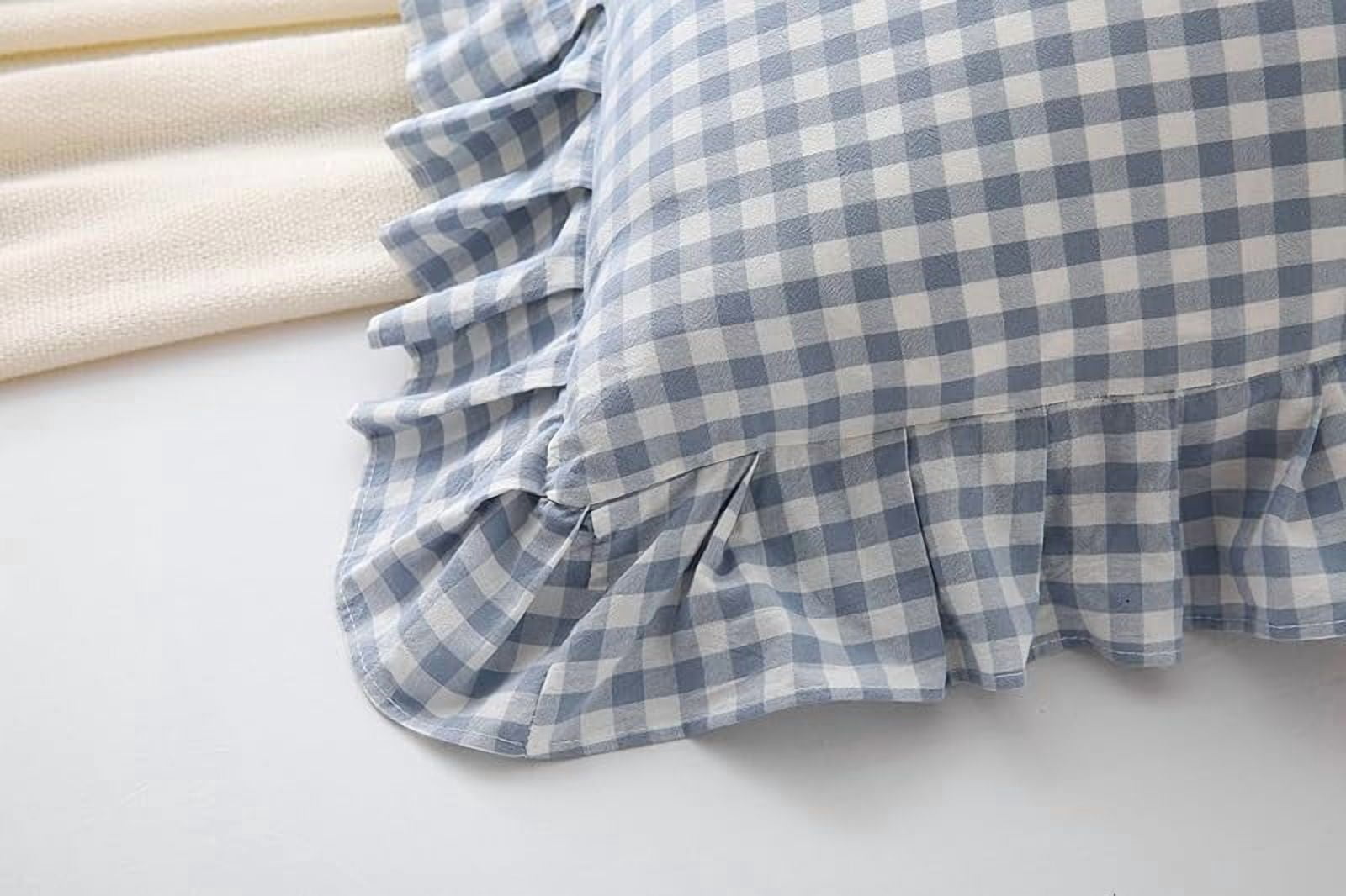 2 Pack Blue White Plaid Euro Pillow Shams with Ruffles Checkered Pillowcases Gingham Pillow Cases Washed Cotton Farmhouse Cottage Pillow Covers for Bed/Sofa(26X26inches,Blue/White Plaid)