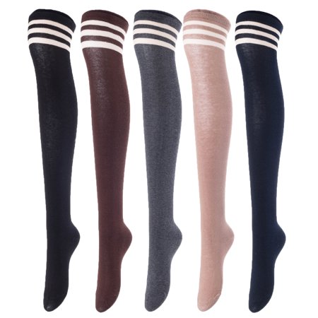 

Lovely Annie Big Girl s Women s 5 Pairs Incredible Durable Super Soft Unique Over Knee High Thigh High Cotton Socks Size 5-9 A1022(Random)