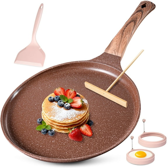 AOSION Crepe Pan Nonstick 11 Inch,Dosa Tawa Creamic,Tortilla pan For Pancake Steak Crepe Salmon,Flat Pan With Ergonmic Handle For All Stoves Top,Brown