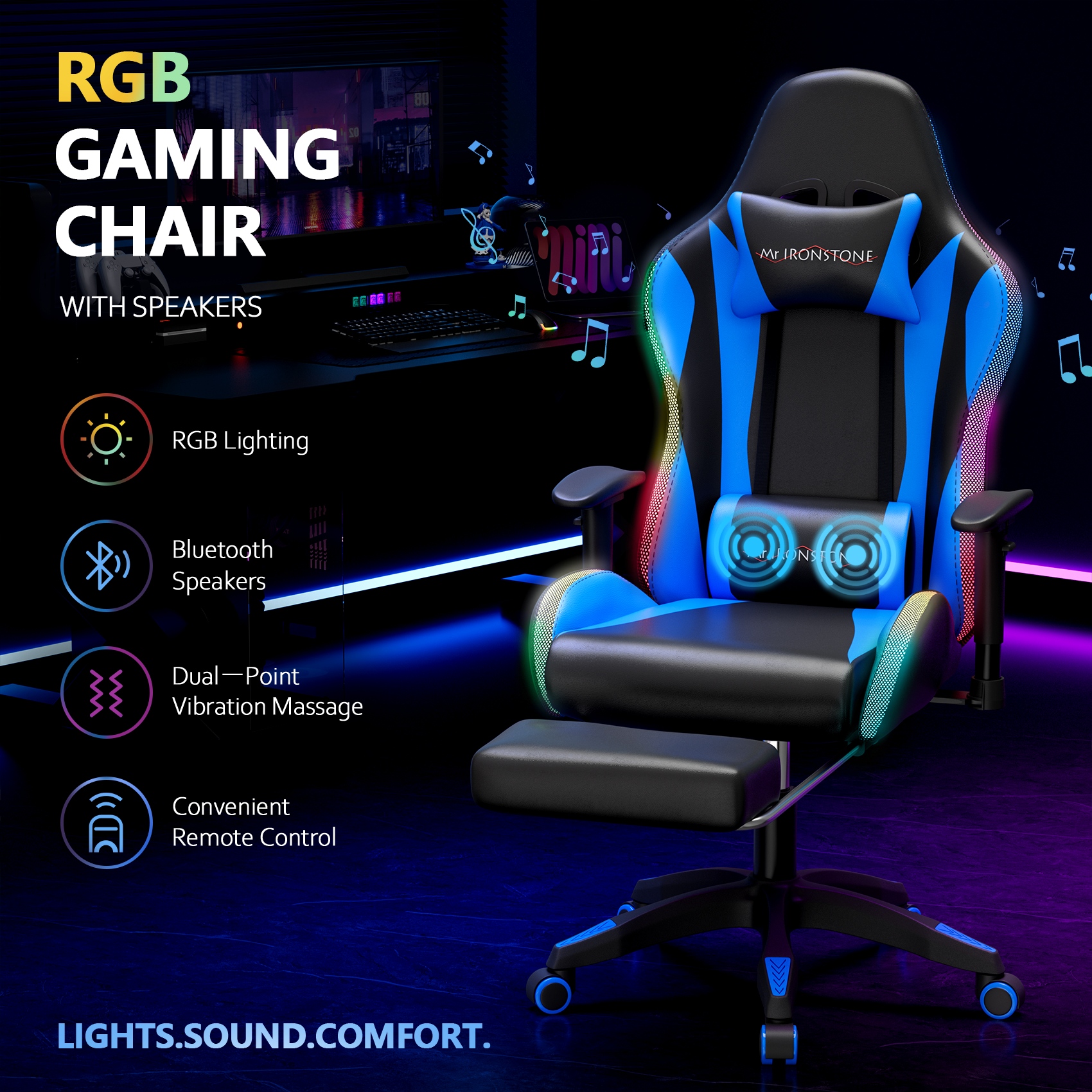 Mr IRONSTONE RGB Gaming Chair with Bluetooth, Blue/Black photo 2