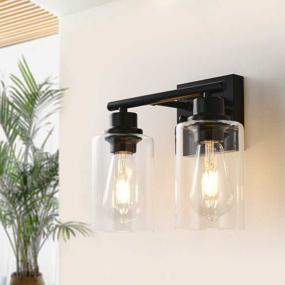 Modern Industrial Minimalist 2-Light Black Wall Sconce with Clear Glass Shades