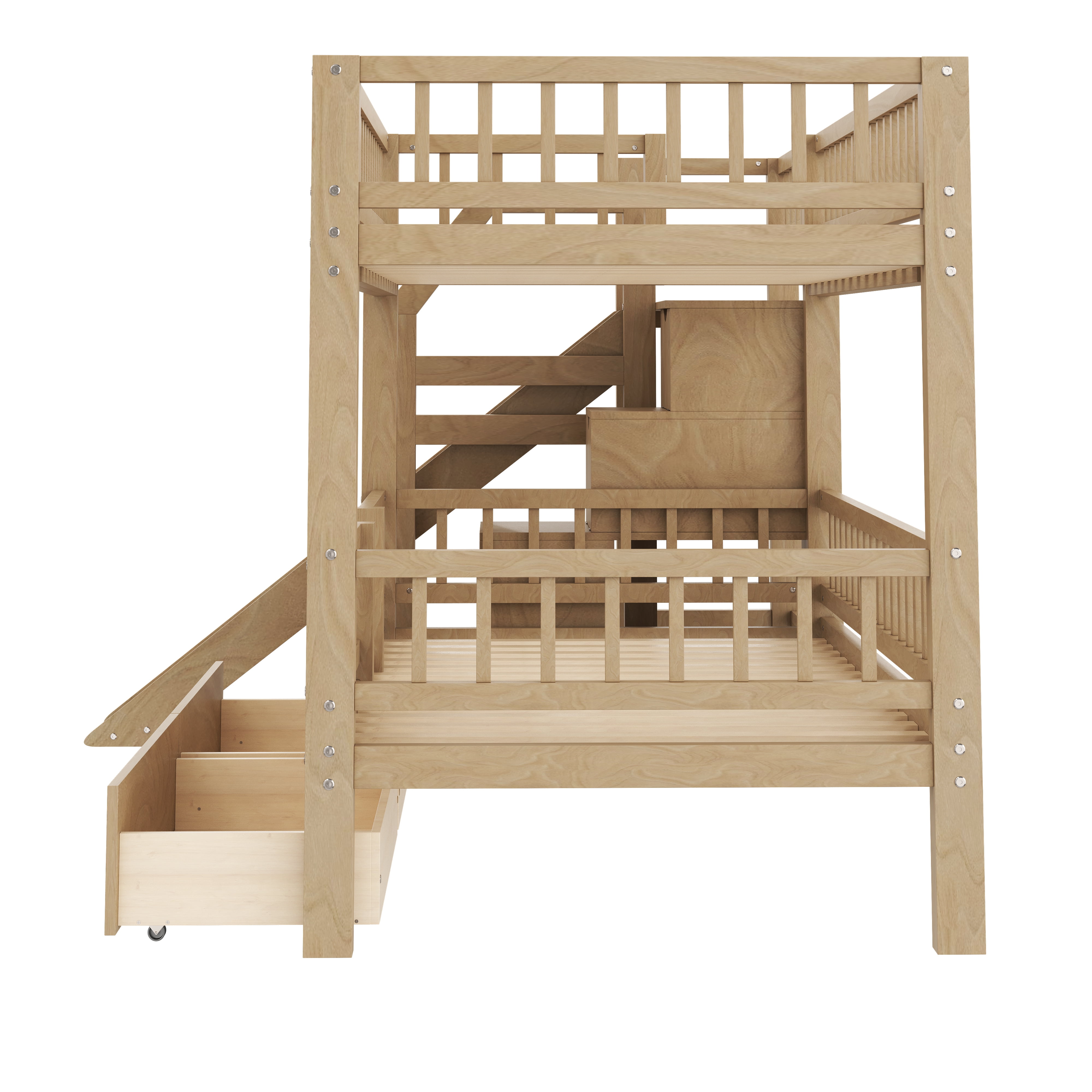 Euroco Twin over Twin Bunk Bed with Storage Staircase and Slide, Walnut