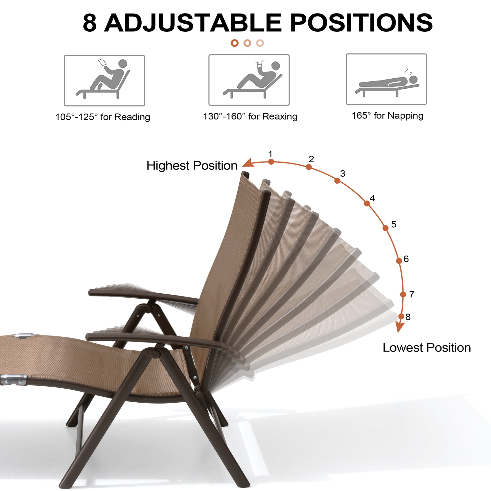 Crestlive Products Brown Outdoor Folding Patio Chaise Lounge Chair, Aluminum Recliners and Table Set