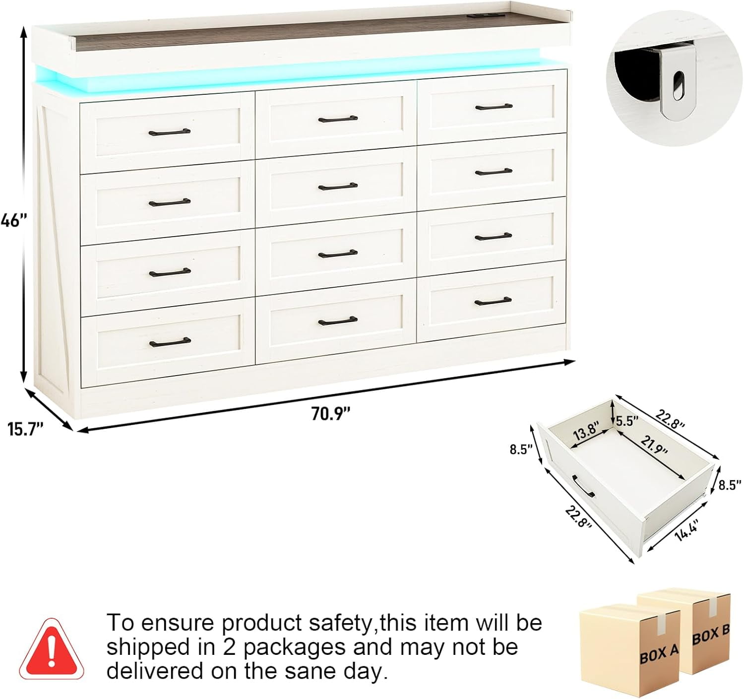 ChVans 12 Drawer Dresser with LED Light and Charging Station, 71" Wide 46" Tall Farmhouse Large Chest of Drawers for Closet, Large Wide Drawer Organizer Cabinet for Bedroom, Living Room