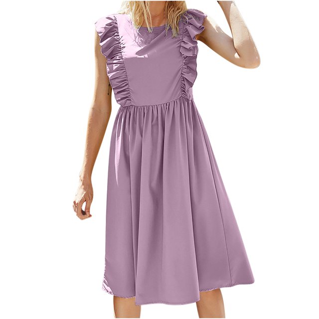 Robe à Manches à Volants pour Femmes Col Rond Décontractée Jupe Ample Unie Sans Manches Robe Longuette à Volants