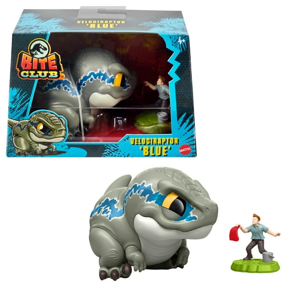 Jurassic World Bite Club Velociraptor Blue Dinosaur, 4-inch Collectible Figure & Owen Accessory