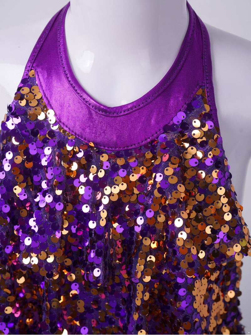 Renvena Girls Sparkle Fringe Latin Jazz Dance Wear, Sleeveless Sequin  Halter Dress, Purple, Size 10 - Walmart.com