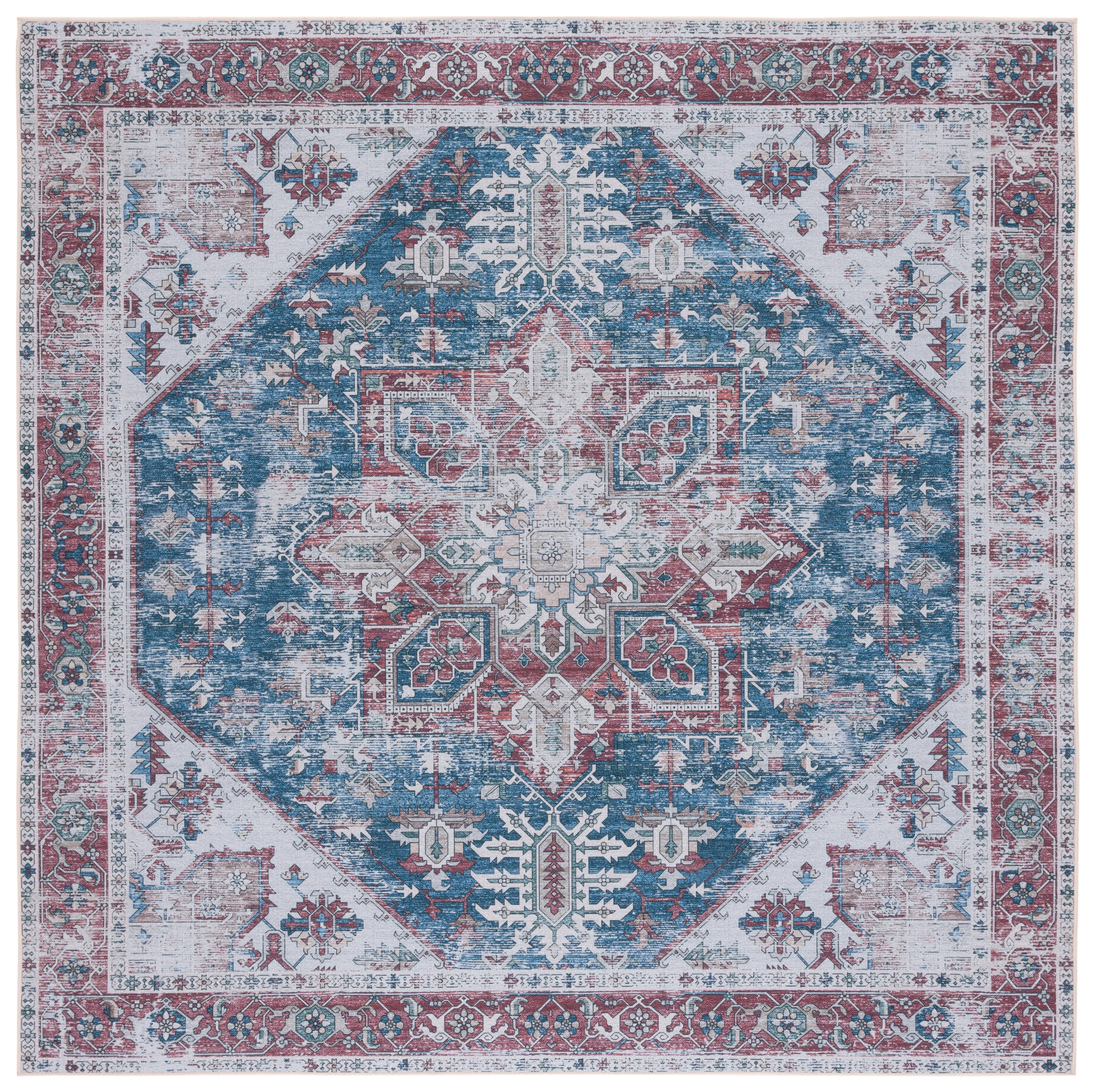 Safavieh Tucson Jayla Oriental Machine Washable Area Rug, Navy/Red, 9' x 9' Square