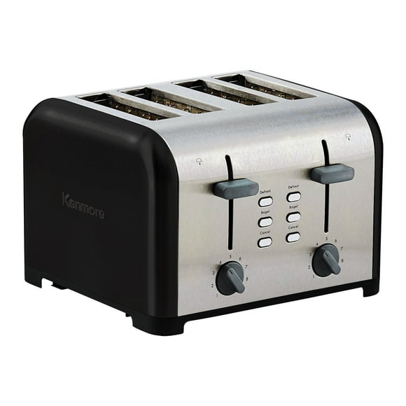 Kenmore 4-Slice Black Stainless Steel Toaster, Dual Controls, Wide Slot
